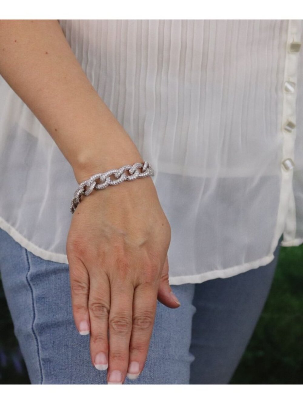 Sterling Silver CZ Cubic Zirconia Curb Link Chain Bracelet 7 1/2" inch - Picture 2 of 8